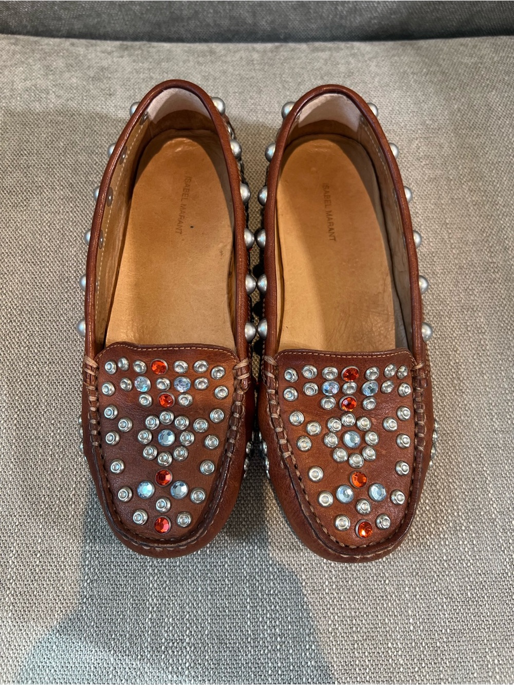 Isabel Marant Brown Studded Leather Loafers with Silver & Red Gems - Picture 2 of 12